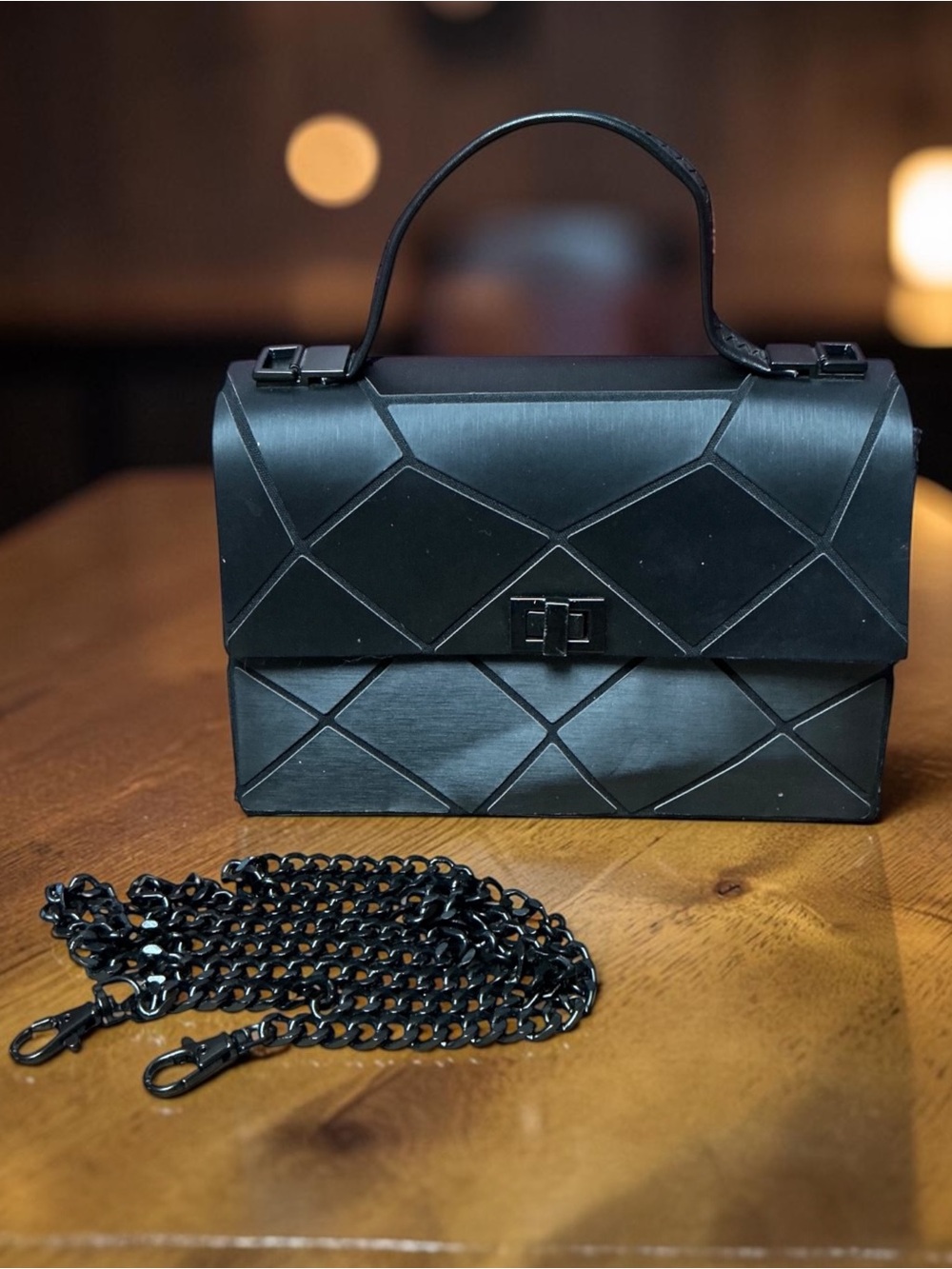 Patrizia Luca Black Geometric Crossbody Satchel with Chain Strap